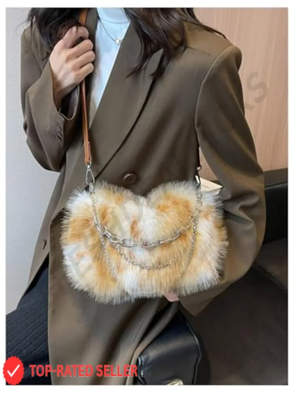 Faux Fur Shoulder Handbag Fuzzy Plush Top Handle Square Bag